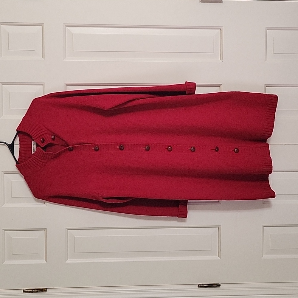 Orvis women's long length red Shetland wool sweater wooden buttons sz L